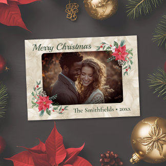 Guld, Röda poinsettia-foto-plattat-Helgdag Julkort