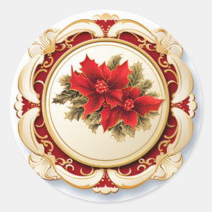 Guld Röda Rullskrift Poinsettia Runt Klistermärke