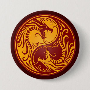 Guld- röda Yin Yang drakar Knapp