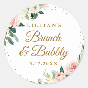 Guld Rodnad Blommig Brunch Och Bubbly Runt Klistermärke