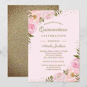 Guld Rodnad Floral Akvarell Quinceanera Inbjudningar
