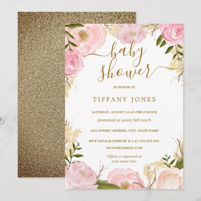 Guld Rodnad Floral Watercolor Flicka Bebis Bjudnin Inbjudningar (Fram/baksida)