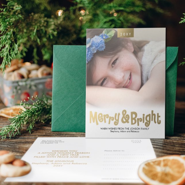 Guld Roligt Merry och Bright Photo Modern Postcard Helg Vykort (Skapare uppladdad)