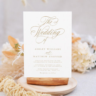 Guld Romantic Swirly Calligraphy Bröllop Inbjudningar