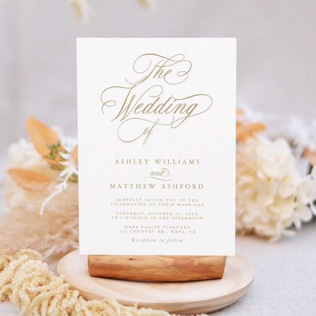 Guld Romantic Swirly Calligraphy Bröllop Inbjudningar (Skapare uppladdad)