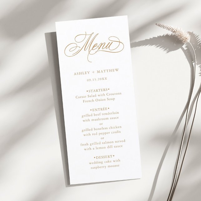 Guld Romantic Swirly Calligraphy Bröllop Meny (Skapare uppladdad)