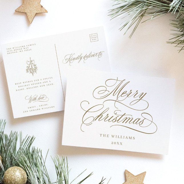 Guld Romantisk God Jul Skrift Högtid Vykort (Front & Back)