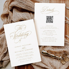 Guld Romantisk kalligrafi allt på ett Bröllop Inbjudningar