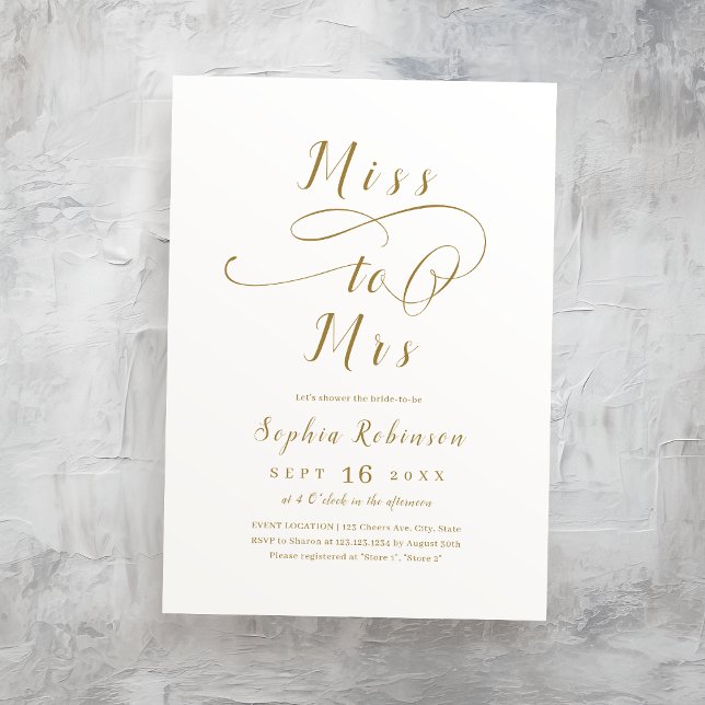 Guld romantisk Miss till Mrs manus bröllopsdusch Inbjudningar (Gold romantic Miss to Mrs script bridal shower Invitation)