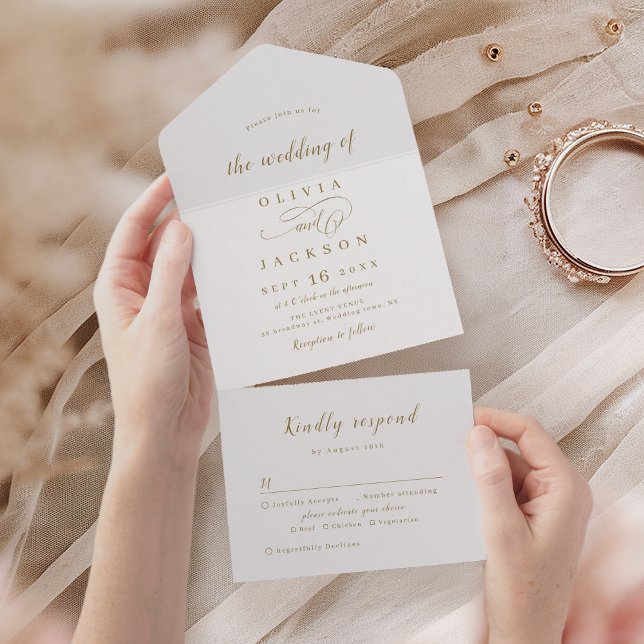 Guld romantiskt skript för enkel elegant bröllop (Gold simple elegant romantic script wedding all in one invitation)