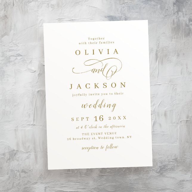 Guld romantiskt skript för enkel elegant bröllop inbjudningar (Gold simple elegant romantic script wedding invitation)