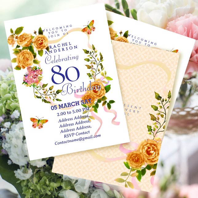 Guld Ros Band 80-års Födelsedagsinbjudan Inbjudningar (Gold Rose Ribbon 80th Birthday Invitation)
