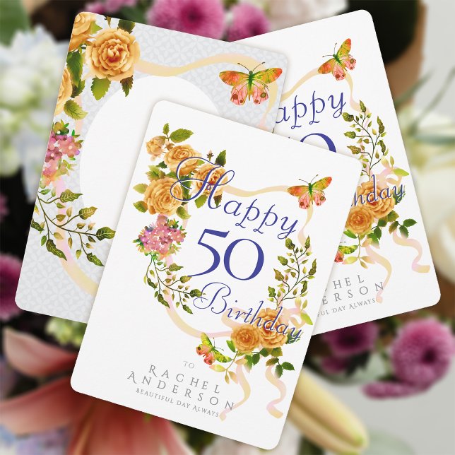 Guld Ros Band Födelsedag Julkort (Chic Romantic Gold Rose Ribbon Happy Birthday Card.)