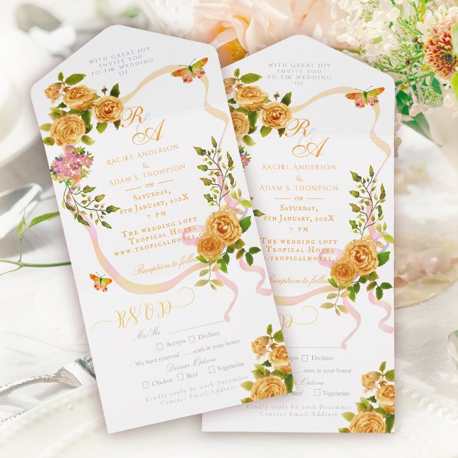 Guld Ros Band Monogram Bröllopsinbjudan (Gold Rose Ribbon Monogram Wedding Invitation)