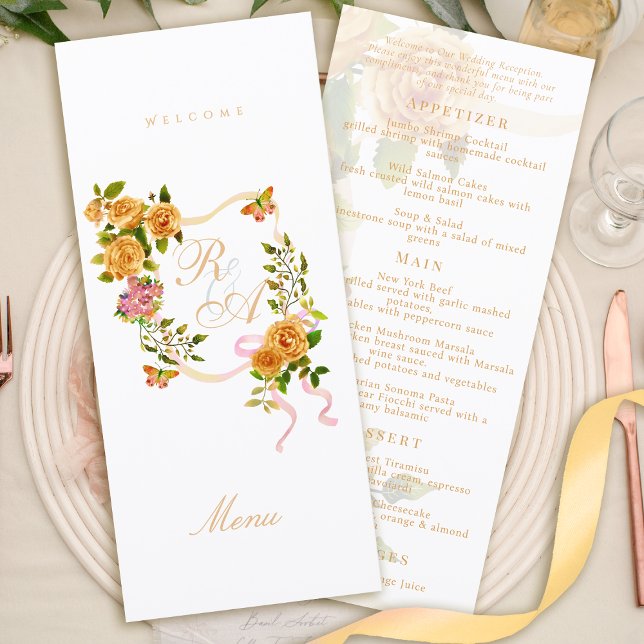 Guld Ros Band Monogram Bröllopsmeny Meny (Gold Rose Ribbon Monogram Wedding Menu)