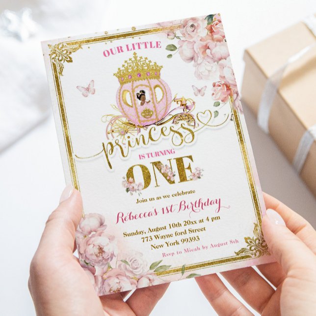 Guld Rosa African Princess Carriage First Birthday Inbjudningar (Skapare uppladdad)