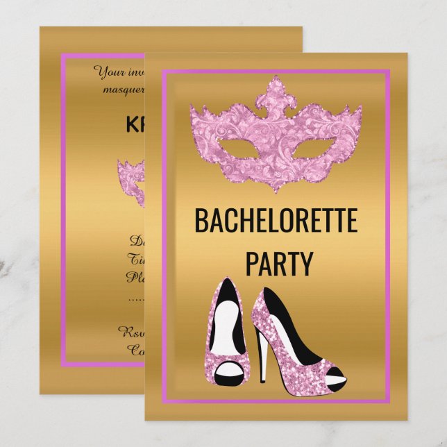 GULD ROSA BACHELORETTE HEEL MASQUERADE PARTY INBJUDNINGAR (Fram/baksida)