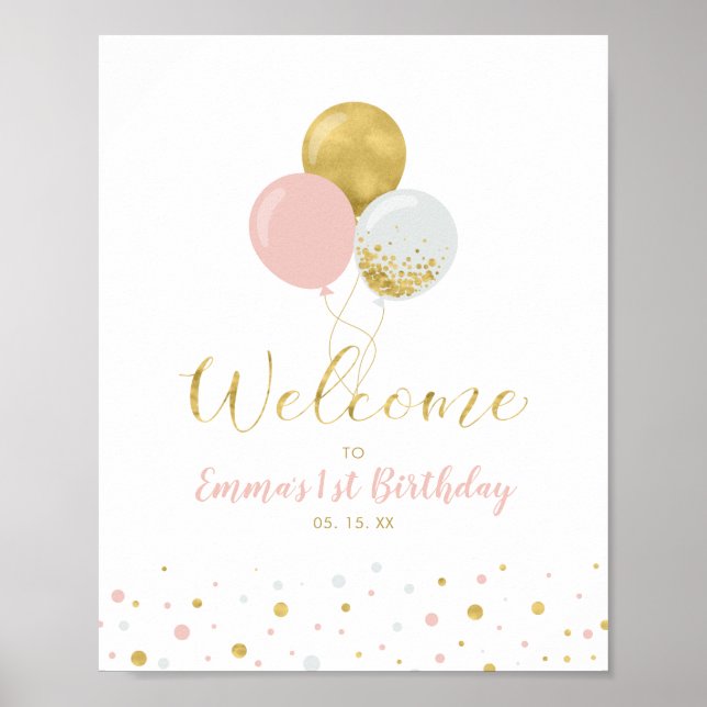 Guld & Rosa Ballonger | Flickas 1-års välkomstfira Poster (Framsidan)