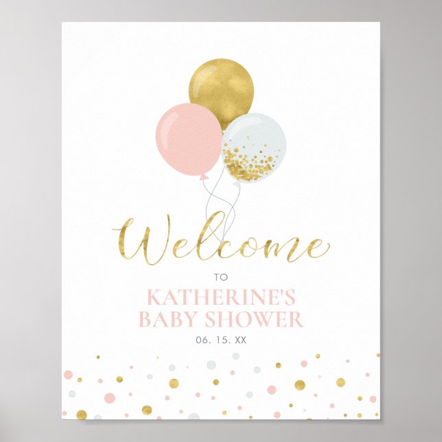 Guld & Rosa Ballonger | Flickas Babyshower-välkoms Poster (Framsidan)