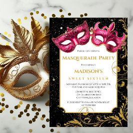 Guld Rosa Birthday MasqueraParty Inbjudningar