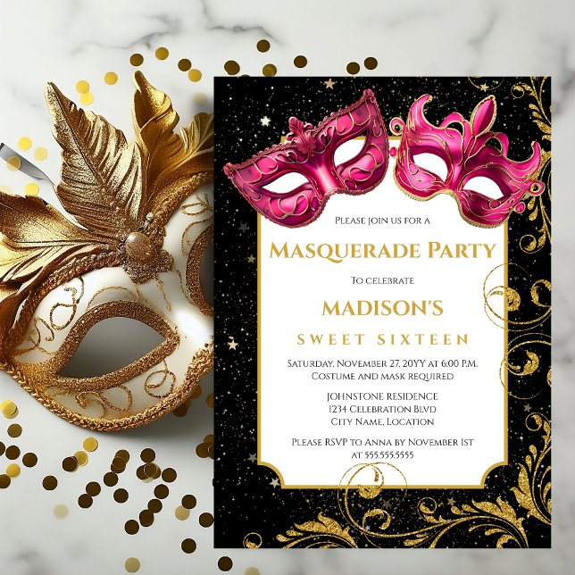 Guld Rosa Birthday MasqueraParty Inbjudningar (Pink and gold masks masquerade party invitation front view.)
