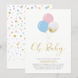 Guld, Rosa, blå ballonger | Oh Baby Baby Shower Inbjudningar