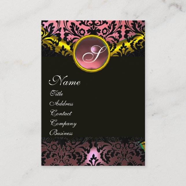 GULD ROSA BLACK AMETHYST DAMASK MONOGRAM VISITKORT (Framsida)