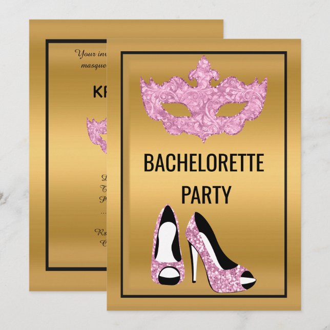 GULD ROSA BLACK BACHELORETTE MASQUERADE PARTY INBJUDNINGAR (Fram/baksida)