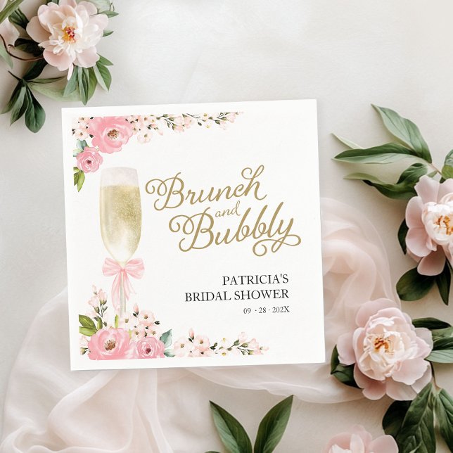 Guld Rosa Blommig Brunch och Bubbels Bröllopsdusch Pappersservett (Skapare uppladdad)