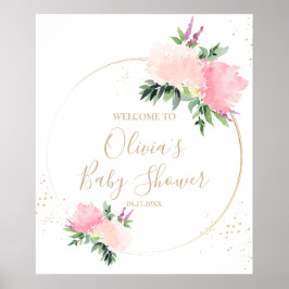 Guld Rosa Blommigt Baby Shower Välkommen Poster