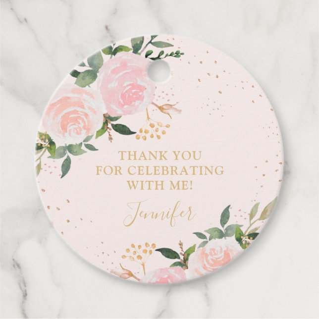 Guld Rosa Blommigt Birthday Gåvor Etiketter (Framsida)