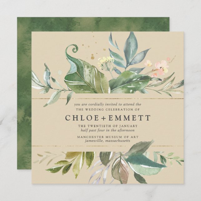 Guld Rosa Blommigt Boho Botaniska torget Bröllop Inbjudningar (Fram/baksida)
