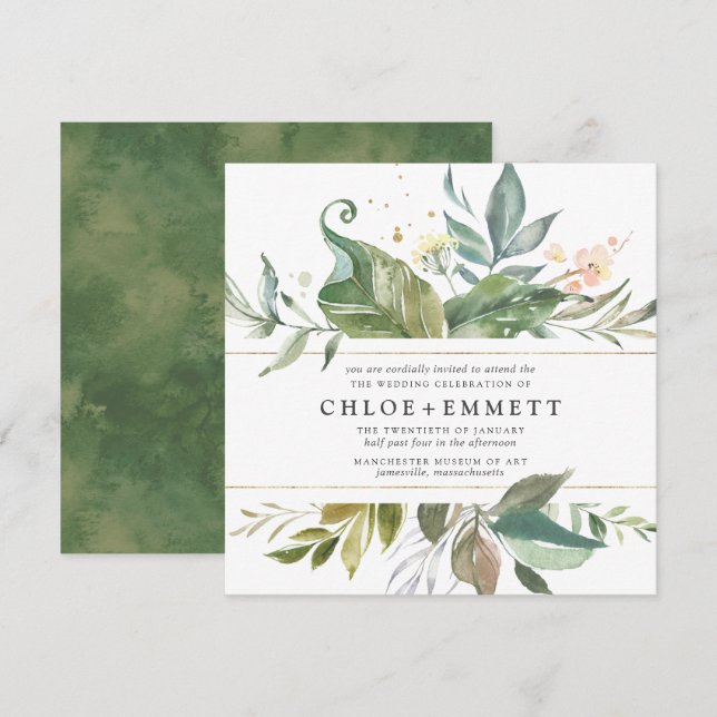 Guld Rosa Blommigt Boho Botaniska torget Bröllop Inbjudningar (Fram/baksida)