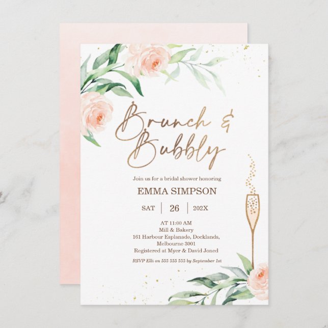 Guld Rosa Blommigt Brunch Bubly Möhippa Inbjudningar (Fram/baksida)
