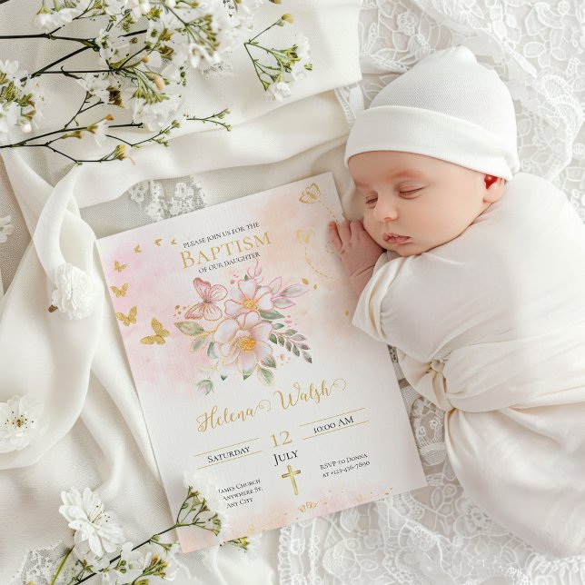 Guld Rosa Blommigt Butterfly Baptism Christening Inbjudningar (Skapare uppladdad)