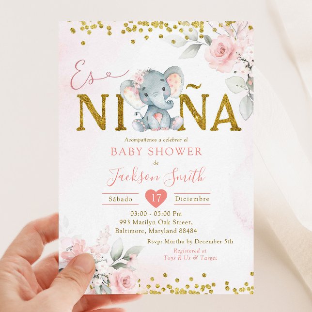 Guld Rosa Blommigt Elephant Es niñ a Baby Shower Inbjudningar (Skapare uppladdad)