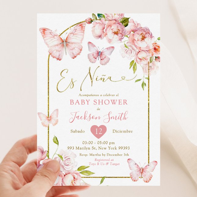 Guld Rosa Blommigt Es Nina Butterfly Baby Shower Inbjudningar (Skapare uppladdad)