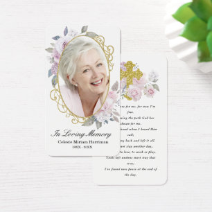 Guld Rosa Blommigt Foto Funeral Prayer Card Visitkort