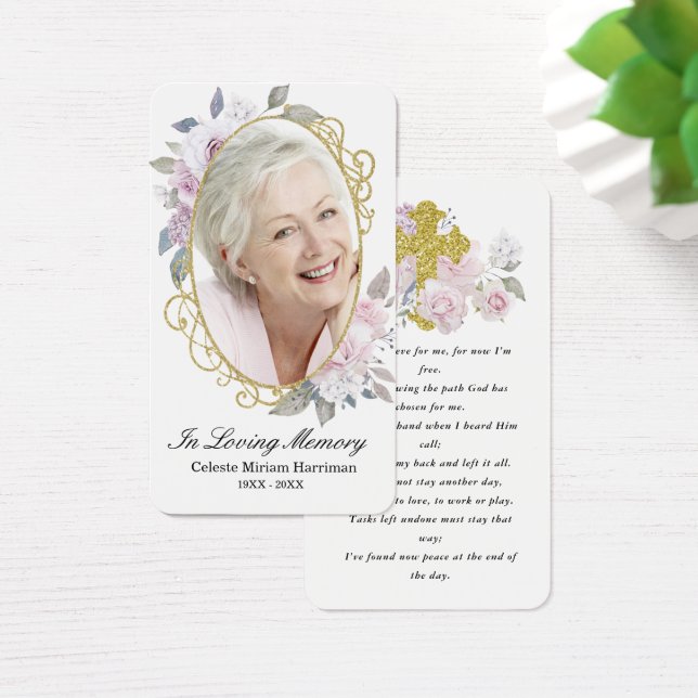 Guld Rosa Blommigt Foto Funeral Prayer Card Visitkort (Skivbord)
