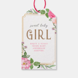 Guld Rosa Blommigt Girl Baby Shower Ram Presentetikett