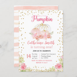Guld Rosa Blommigt Guld Pumpkin 1:a födelsedagen Inbjudningar