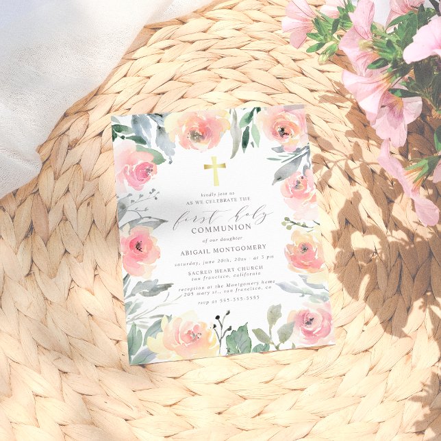 Guld Rosa Blommigt Kor i första Heligan Inbjudan Vykort (Skapare uppladdad)