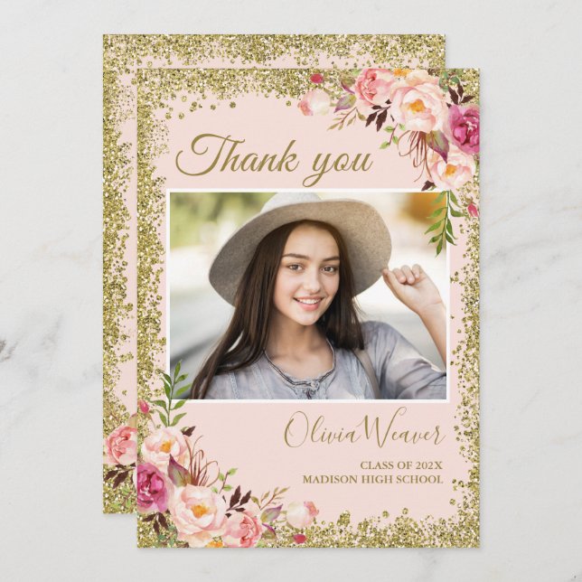 Guld  Rosa Blommigt Photo Studenten Tack Inbjudningar (Fram/baksida)