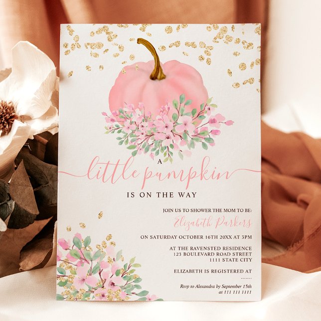guld rosa blommigt pumpa vattenfärgsdusch för baby inbjudningar (gold pink floral pumpkin watercolor baby shower invitation)