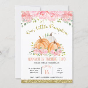 Guld Rosa Blommigt Pumpkin Birthday-inbjudan Inbjudningar