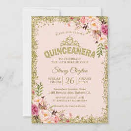 Guld Rosa Blommigt Quinceanera 15:e födelsedagen Inbjudningar