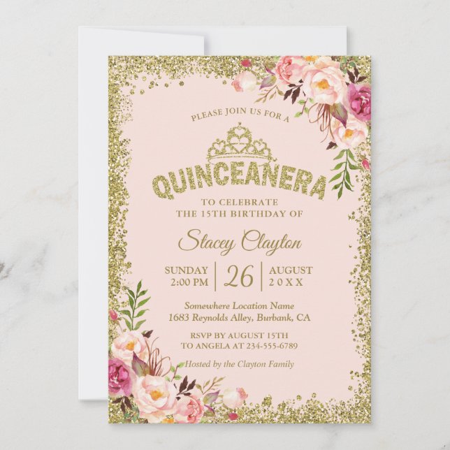  Guld Rosa Blommigt Quinceanera 15:e födelsedagen Inbjudningar (Framsida)