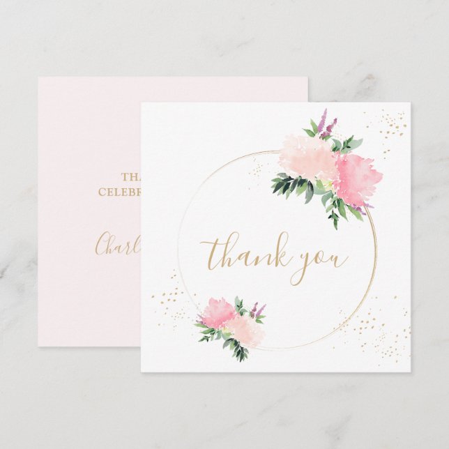 Guld Rosa Blommigt Romantic Bröllop Tack Kort (Fram/baksida)