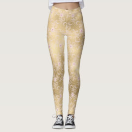 Guld Rosa Blommigt Snöre Leggings
