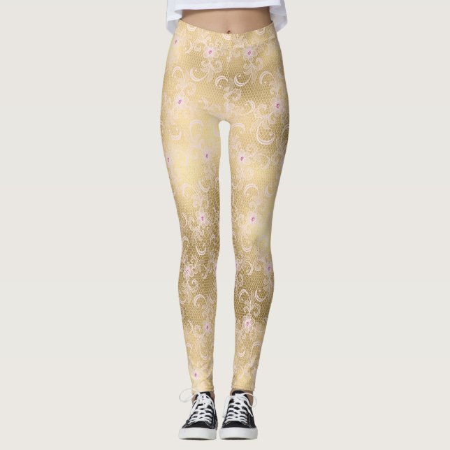 Guld Rosa Blommigt Snöre Leggings (Framsida)